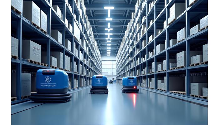 고도로 자동화된 스마트 물류창고 내부에서 로봇이 작동하는 모습