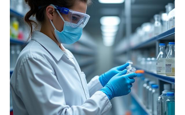 보호 장비를 갖춘 연구원이 화학 시약을 안전하게 취급하는 모습