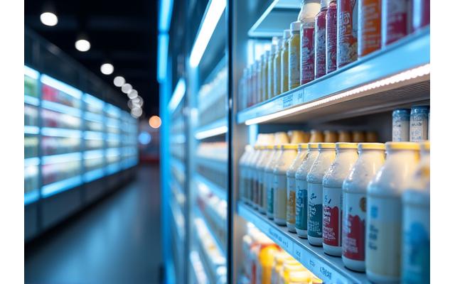 냉장 진열대에 있는 다양한 유제품과 음료