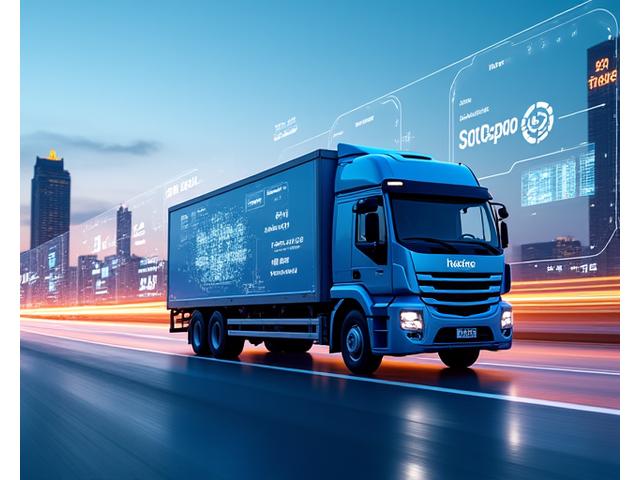 화물 트럭과 다양한 이커머스 플랫폼 로고들이 디지털 인터페이스로 연결된 모습