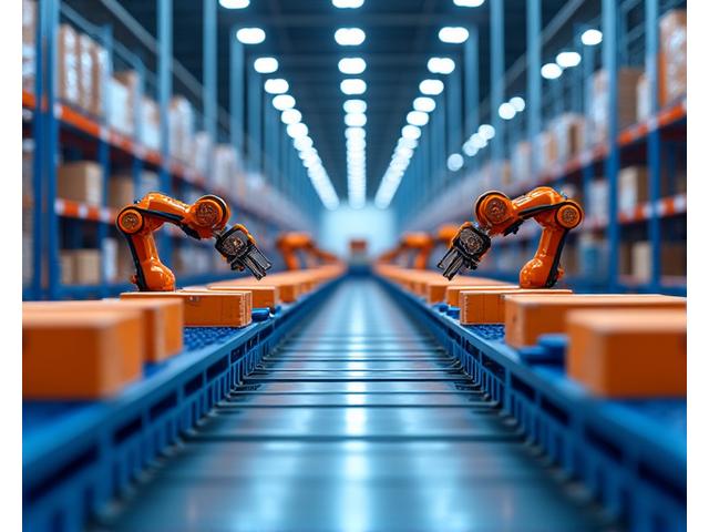 스마트 창고 전경 - 자동화된 로봇이 상품을 분류하고 운반하는 미래형 물류 허브