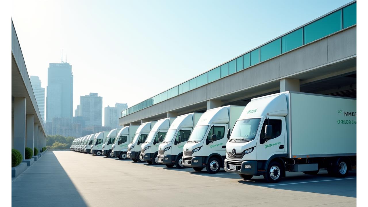 한국 도시를 배경으로 깨끗하고 현대적인 흰색 전기 배달 밴이 주차되어 있는 모습