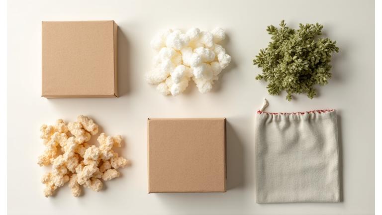 다양한 종류의 친환경 포장재 샘플: 생분해성 완충재, 종이 박스, 재활용 플라스틱 필름